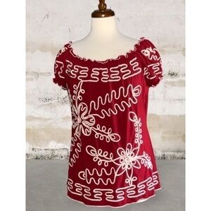 Lauren Michelle Red & White Floral Embroidered On/Off Shoulder Top L